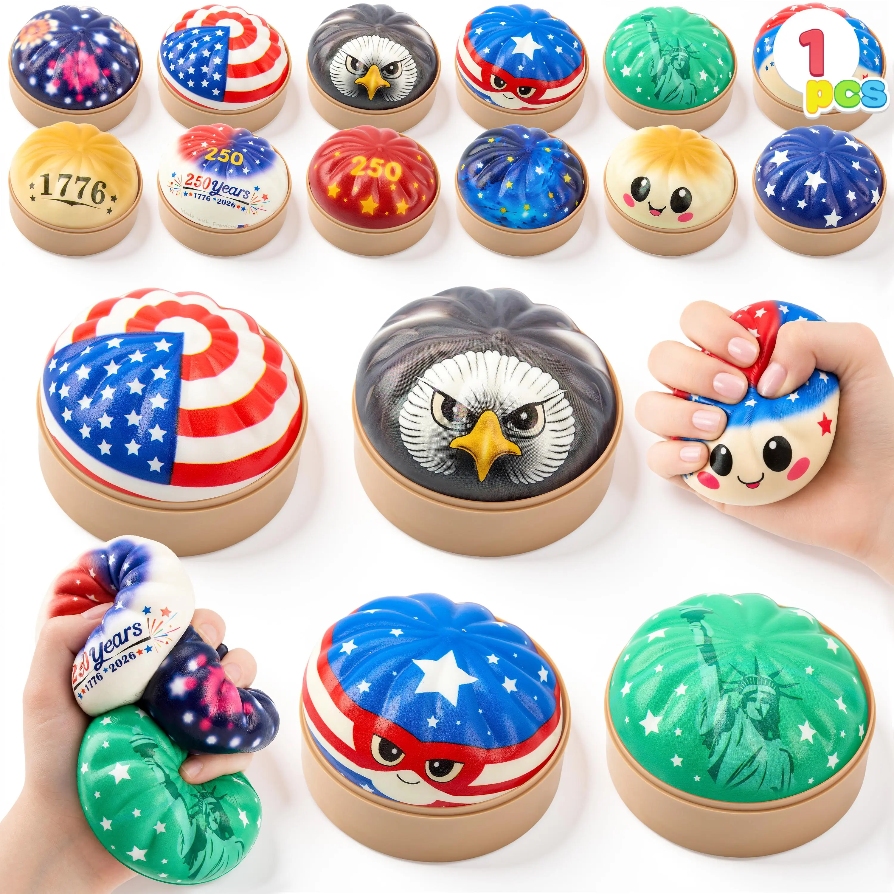 JOYIN Patriotic Dumpling Stress Relief Toy, USA American-Themed Mystery Box, Colorful Steamed Bun Stress Relief Balls with Steamer Box, Anxiety Relief Fidget Sensory Toy, Soft Squeeze Decompression Dough for Adults Gifts, Party Favors, Office Desk Decor