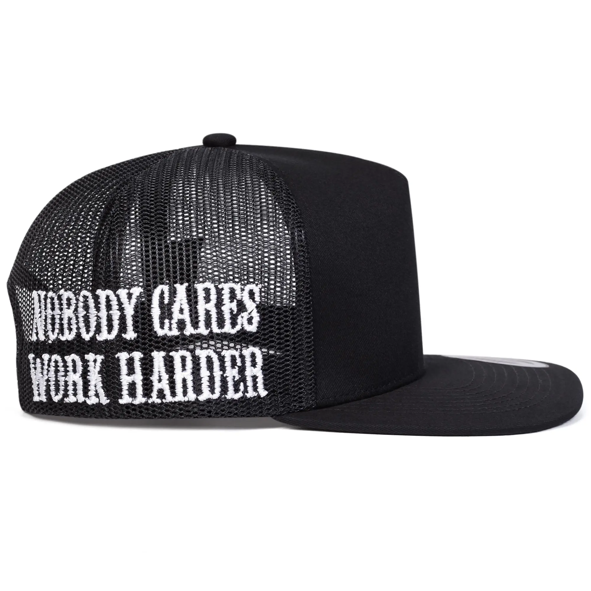 "NOBODY CARES WORK HARDER" 3D Embroidered Trucker Hat - Flat Brim, High-End Lightweight Adjustable Cap, Sunscreen Street Fashion Hat, Leisure Headwear for Travel, Hustle Culture Enthusiasts, Father's Day Gift