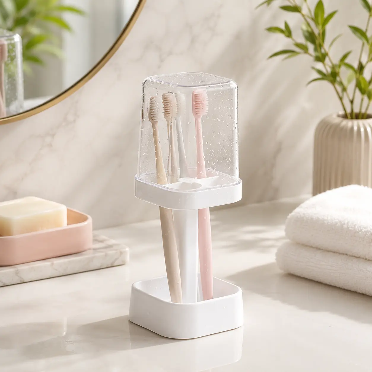 Toothbrush holder with cover, Three-Slot Toothbrush Holder with Cup Cover, Multifunctional Bathroom toothbrush holder, Drip Resistant Bathroom Caddy Holds Toothbrushes Toothpaste Floss Razors