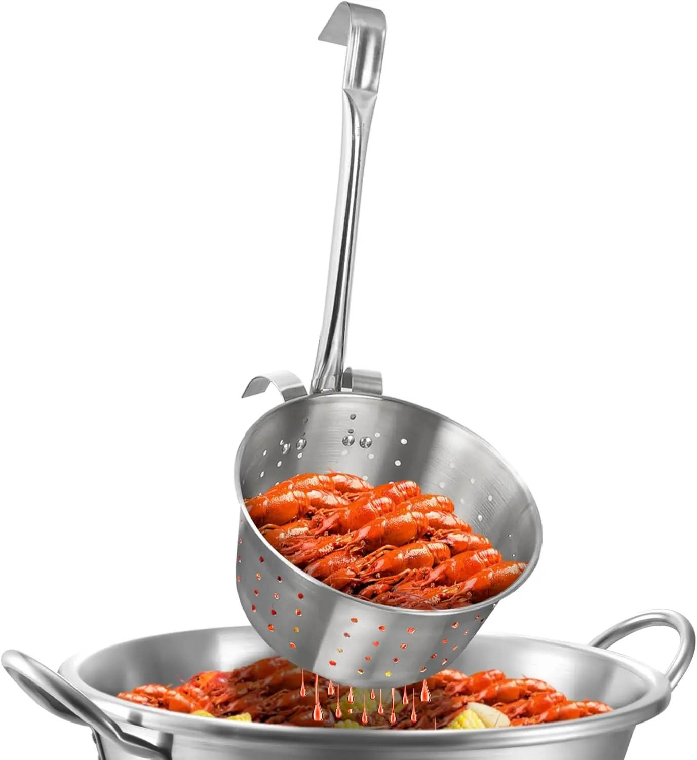 7.4QT Stainless Steel Fry Strainer Basket for Large Outdoor Wok,11.8" Strainer Basket with Innovative Back Hook, Match for 41QT/69QT Cazo,Ergonomic Long Handle for Frying, Stewing & Seafood
