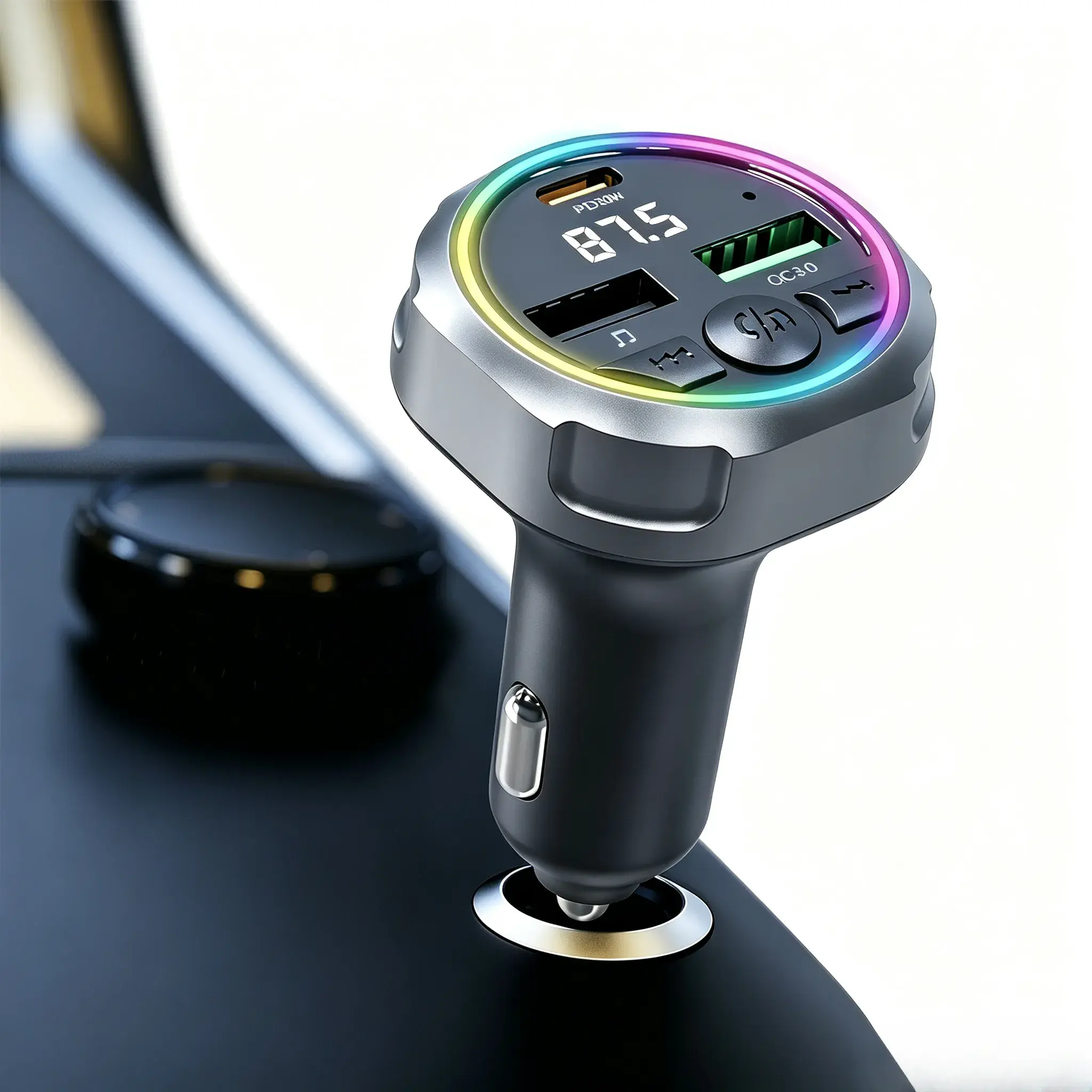 Bluetooth 5.3 Car FM Transmitter, ABS Plastic Bluetooth Car Adapter with RGB Lights, Dual Ports Fast Charger, Hands-Free Call Voice Prompt MP3 Player for Cigarette Lighter Auto Driving Accessory, Fm Transmission