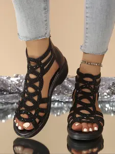 Women's Fashionable Glitter Decorated Zipper Back Sandals, Casual Peep Toe Sandals for Summer, Lightweight Breathable Comfortable Shoes for Daily Wear, Girl, Casual Platform Sandals, Elegant Fashionable Sandals, Ankle Strap Sandal