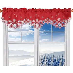 Embroidered Snowflakes Kitchen Window Curtain Valance W 58 x L 15 Inches, for Christmas Holidays Decorations (Snowflakes red)
