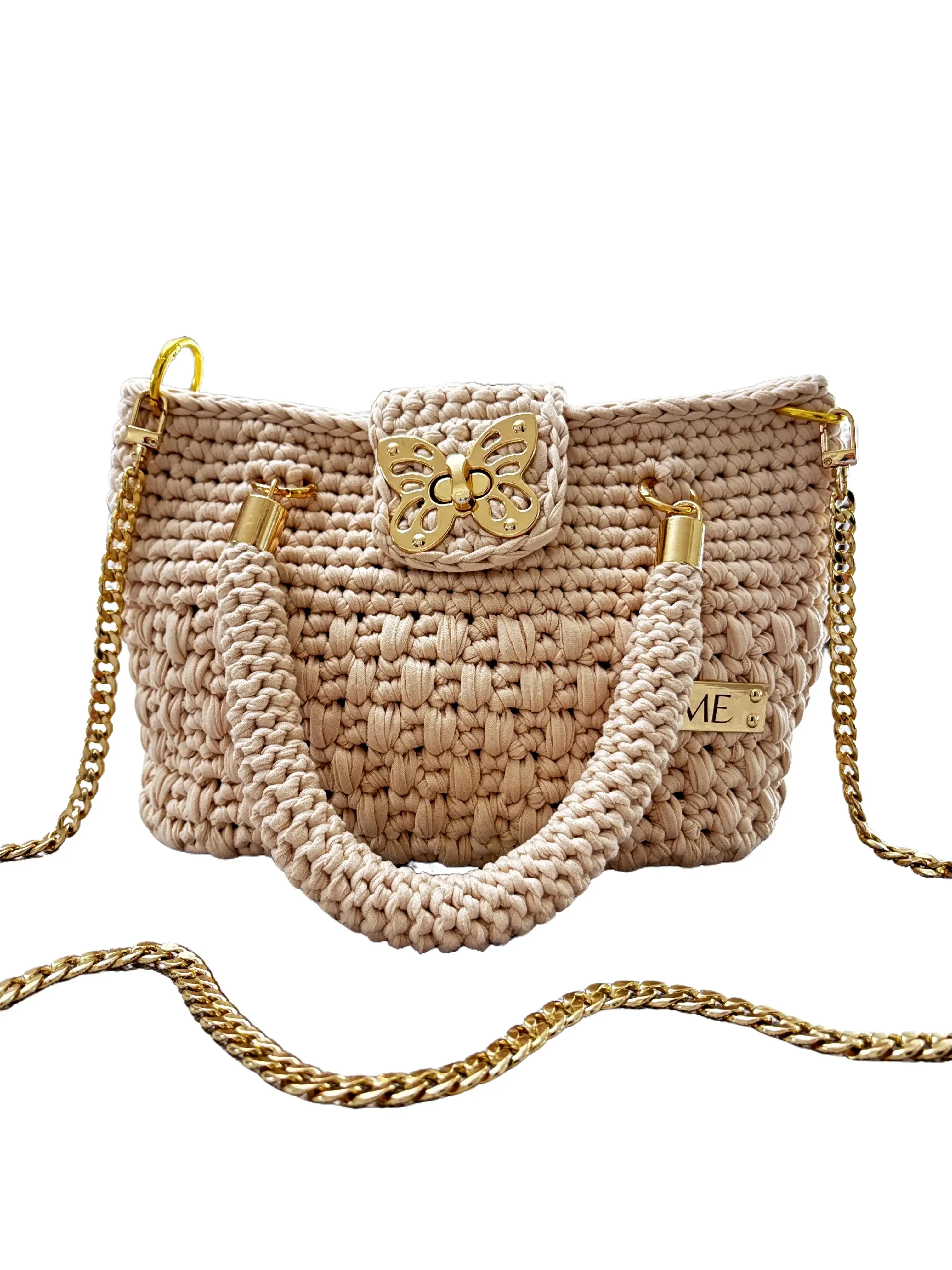 Women's Handmade Crochet Crossbody-Shoulder Bag - Beige with Gold Chain, Elasticized Weave T-Shirt Yarn, Lightweight Soft, Fully Lined Spacious Interior, Turn Lock, Casual All-Day Comfortable Multi-Use Everyday Purse