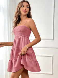 A women's solid color off-shoulder fine spaghetti strap sleeveless textured elegant chic dress, suitable for summer, daily casual wear, vacations, dates, gatherings, and othe