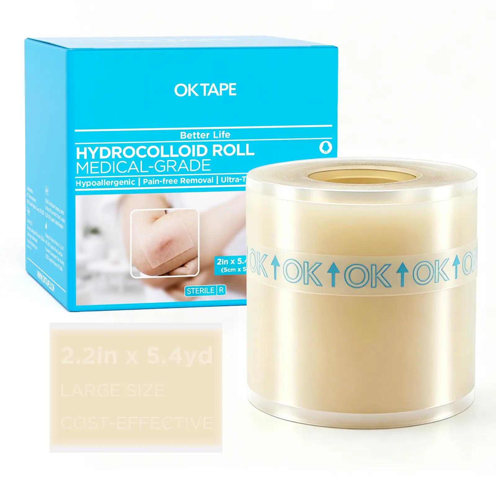 OK TAPE Hydrocolloid Roll for Wound Care - Cut-to-Size Extra Large Self-Adhesive, Ultra-Absorbent, Flexible, Waterproof First Aid Essential (2in*16.2ft) , Hydrocolloid Plasters for Burns, Blisters & Acne Care