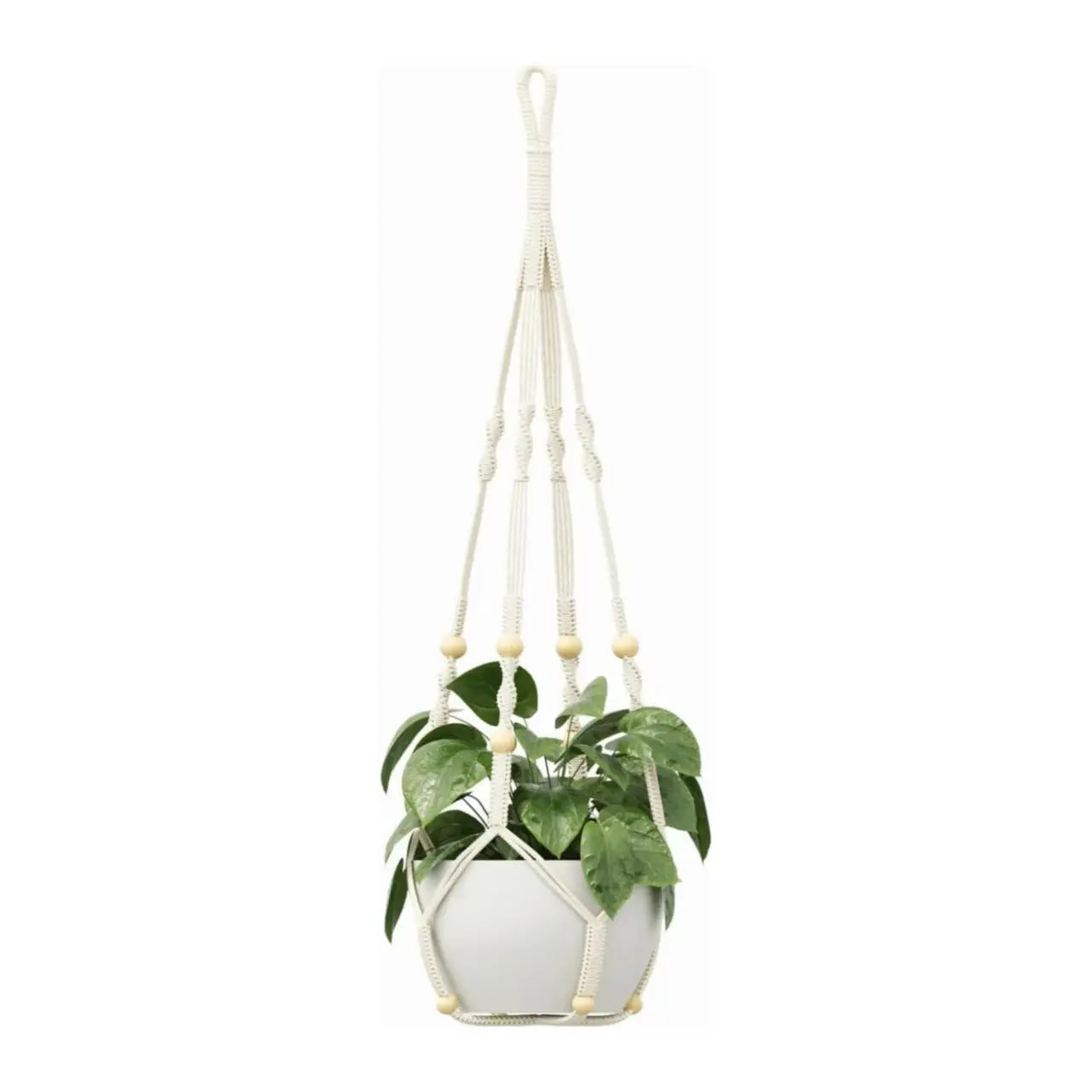 Bamworld Macrame Plant Hanger - 35" Swinging Planter with Centering Strings, Wood Beads, Ivory No-Tassels Boho Design for 35" Vertical Space, Indoor-Outdoor Plant Decor for Balcony Garden