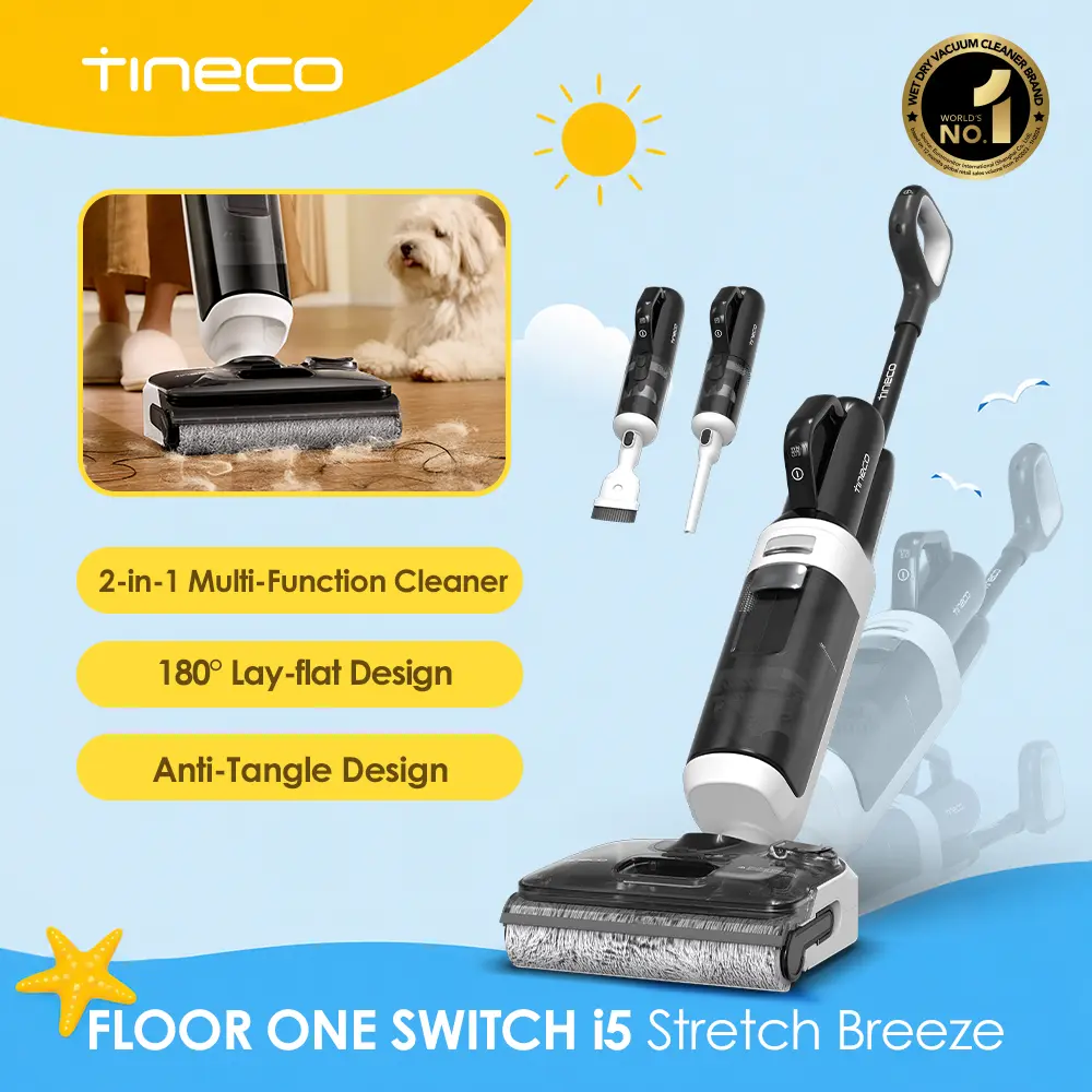 TINECO Floor One Switch i5 Stretch Breeze 2-in-1 Cordless Wet Dry Vacuum Cleaner, 20KPa Powerful Floor Cleaner Mop with Long Runtime, Multi-Surface Handheld Deep Cleaner & Cordless Car Vacuum