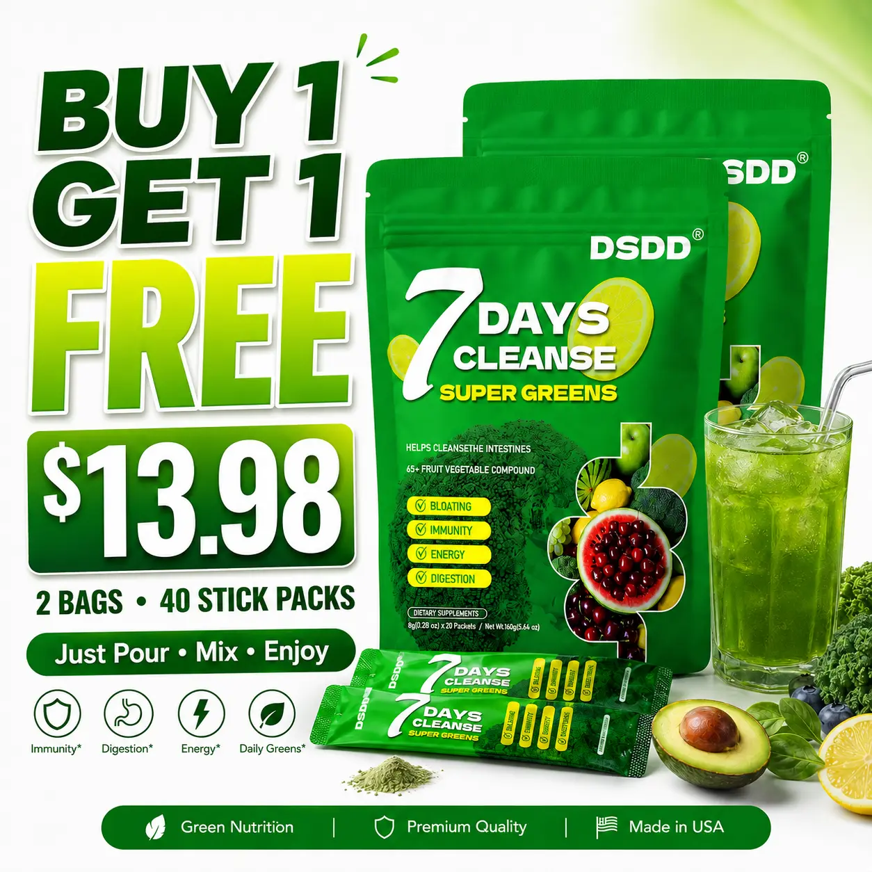 (Buy 1 Get 1 Free) DSDD 7 Days Cleanse Super Greens + Moringa 3-in-1 Powder for Skin Hair & Gut Health Digestive Support Nutrient Absorption Detoxify Function Natural Supplement Dietary Fitness Wellness