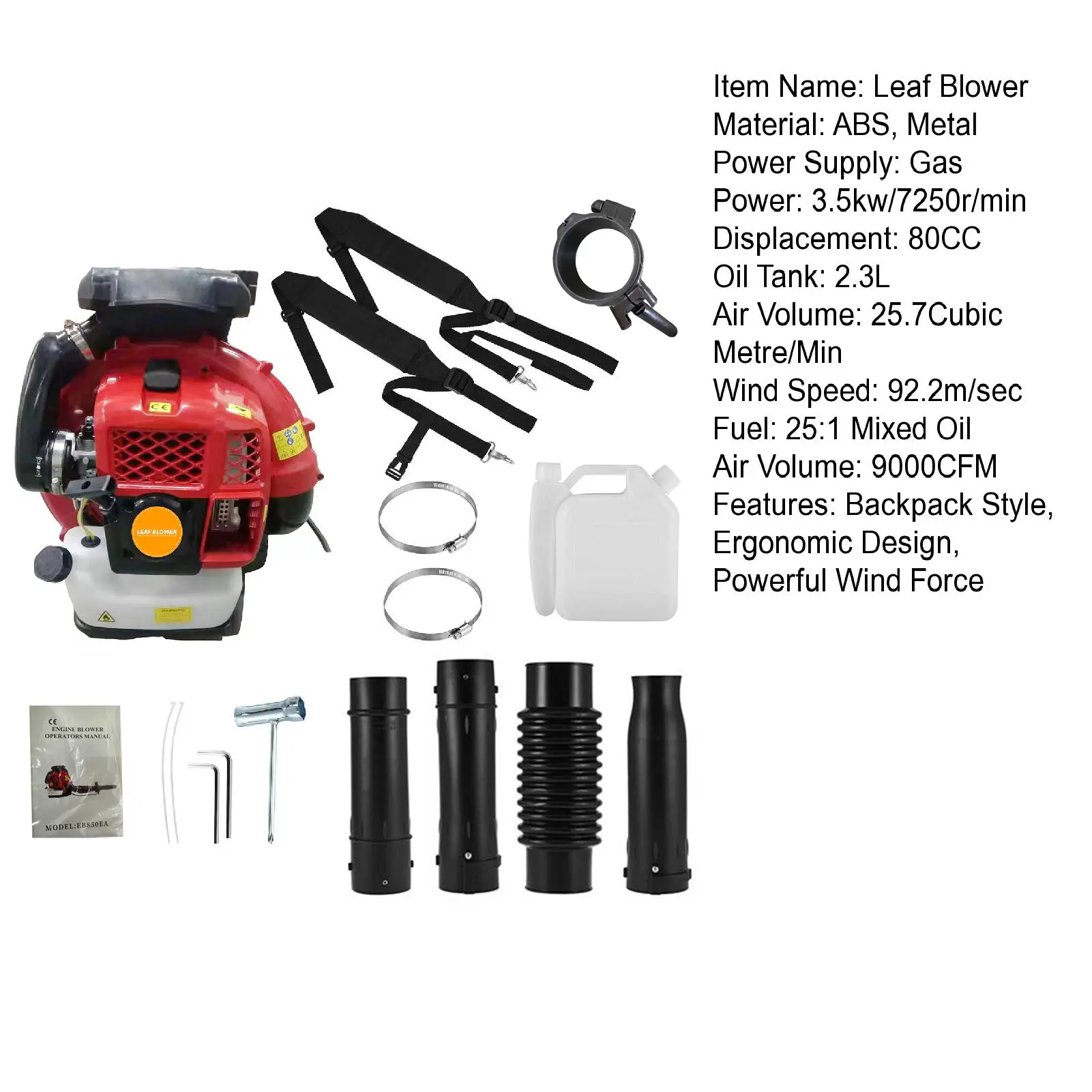 80CC Gas Powered Backpack Snow Blower 2-Stroke Engine 900CFM Air Volume 2.3L Tank Leaf Blower 80CC Gas Powered Backpack Snow Blower