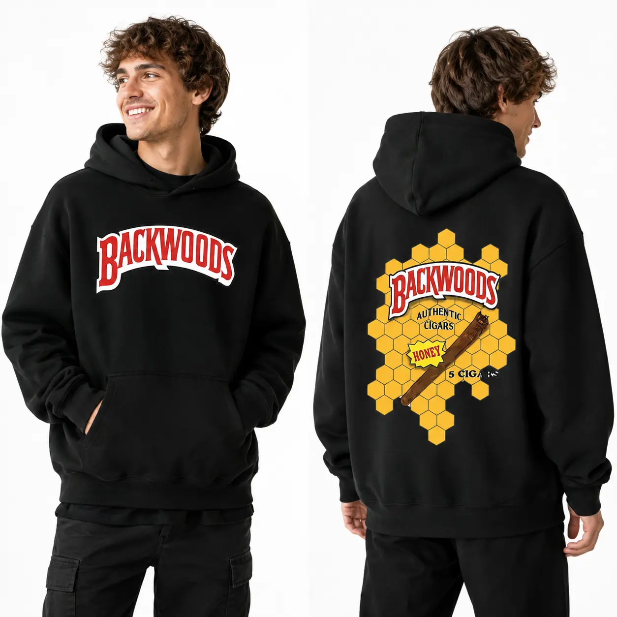 Backwoods Honey Bee & Tobacco Leaf Graphic Print  Casual Shirt, Drawstring Hoodie, Relaxed Fit For AutumnWinter, Streetwear Style