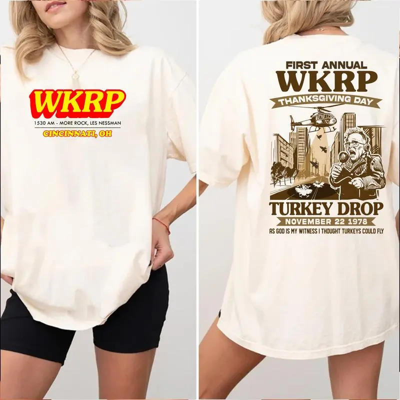 Men's Unisex WKRP 1st Annual Thanksgiving Day Turkey Drop Cotton T-Shirt - Cincinnati Themed, Casual, Comfortable, Fits Matching Casual Outfits, Graphic, Round Neck, Short, Sleeves, Solid, Tops, Menswear