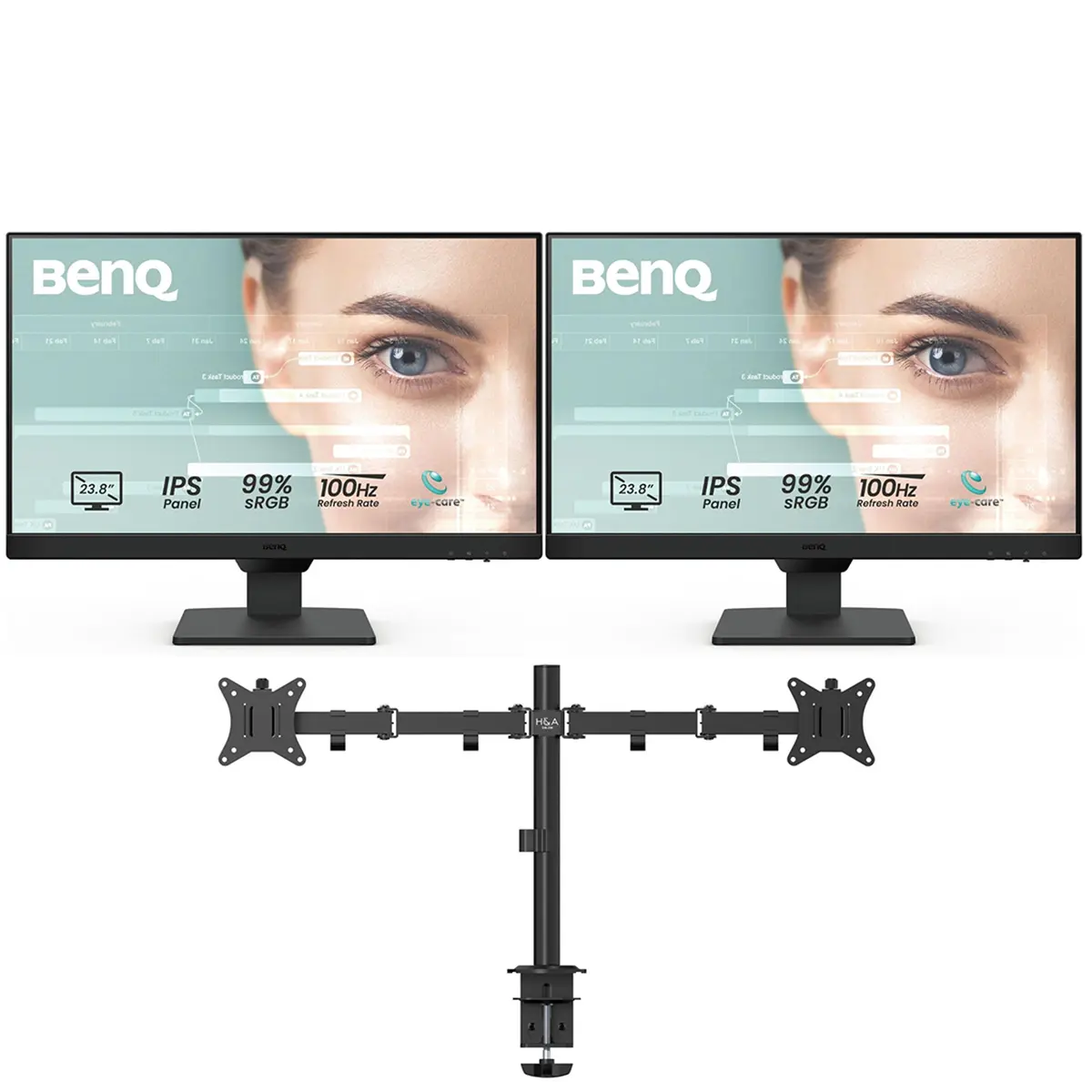BenQ GW2490 24" FHD Resolution IPS Panel Gaming Computer Monitor, 100Hz, Eye-Care Tech, Low Blue Light, Anti-Glare, Adaptive Brightness, Built-in Speakers, DisplayPort, HDMI + H&A Heavy Dual Monitor Stand
