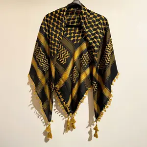Gold and Black Keffiyeh Handmade in Bethlehem Tassel Decor Shawl Solid Color Scarf 47 x 47 Inches Cultural Symbol