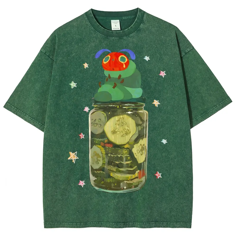 Sad Caterpillar in Pickle Jar Graphic T-Shirt, Men's Vintage Washed Casual 100% Cotton Short Sleeve Round Neck Tee, Streetwear, Shortsleeve, Menswear, Unisex, Graphic Shirts, Fabric, Good Graphic Tees