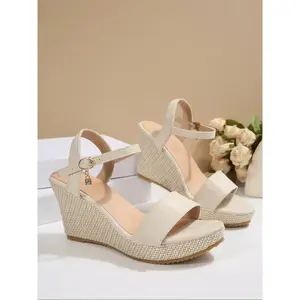 Women's Fashion Wedge Sandals with Beaded Ankle Strap, Open Toe High Heel Shoes for Casual or Party Wear