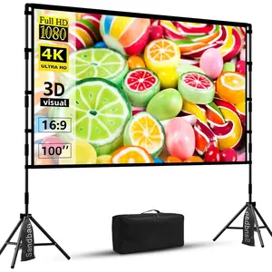 Projector Screen with Stand, 100 inch Outdoor Projector Screen Portable Indoor Projection Screen 16:9 4K Rear Front Movie Screen with Carry Bag for  Backyard Theater 100 inch