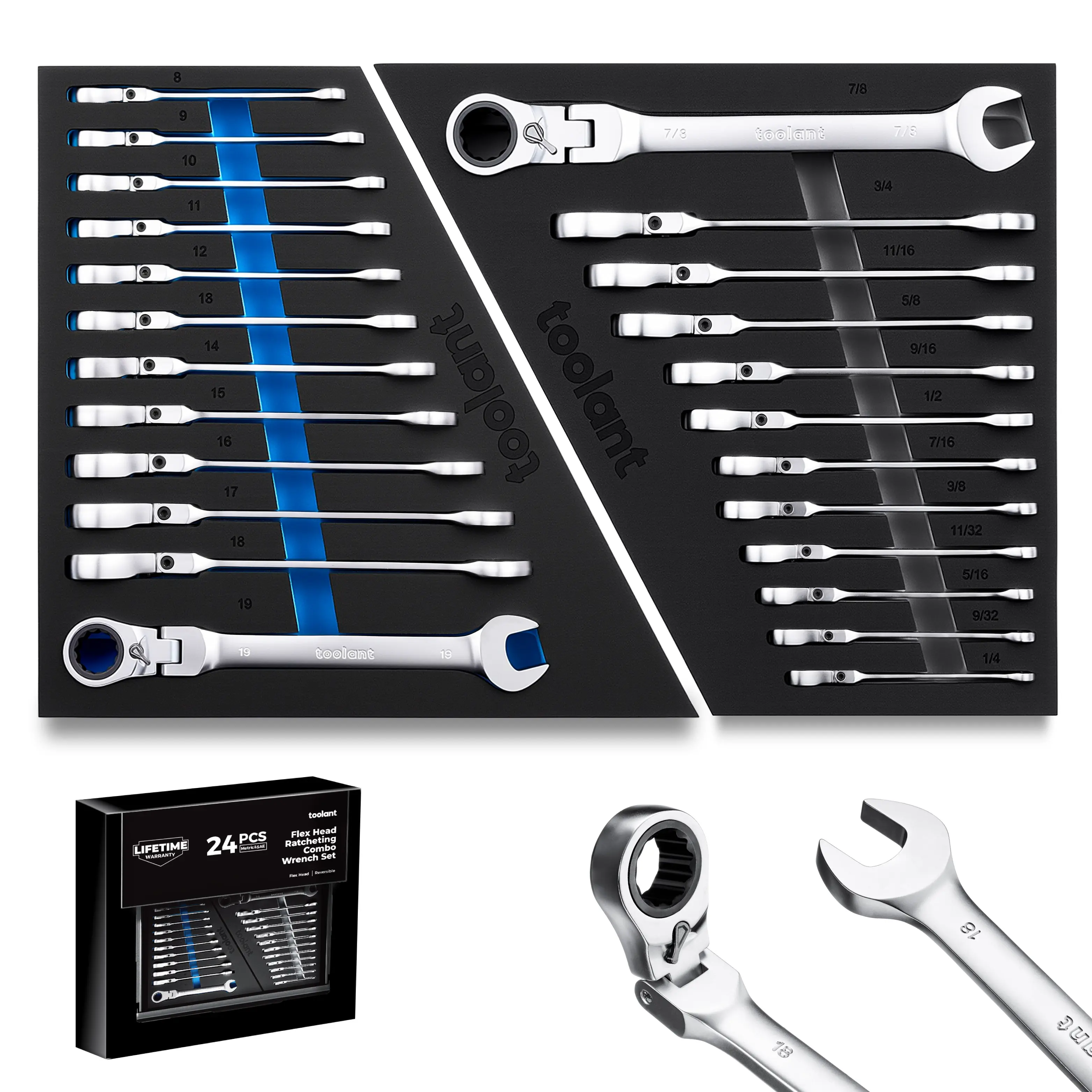 toolant 24-Piece Multifunctional Ratchet Wrench Set, Flex-Head Combination Wrenches with Switch Design, 8-19mm & 1/4"-7/8" Sizes, 90-Tooth 4° Swing, Includes Storage Tray