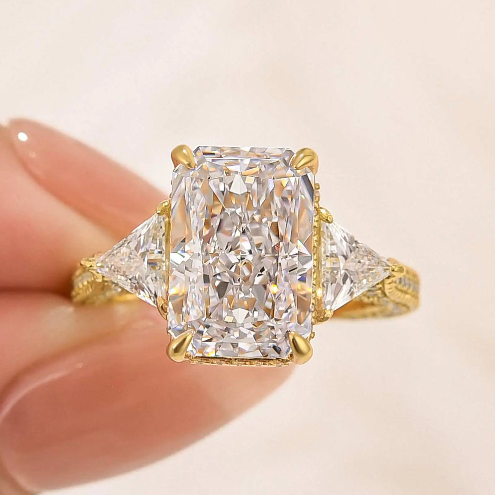 Effinny Non-tarnish 5.0ct Radiant Cut 14K Gold Plated Engagement Ring, S925 Sterling Silver Promise Ring, 5A CZ Bridal Ring for Wedding, Party, Travel