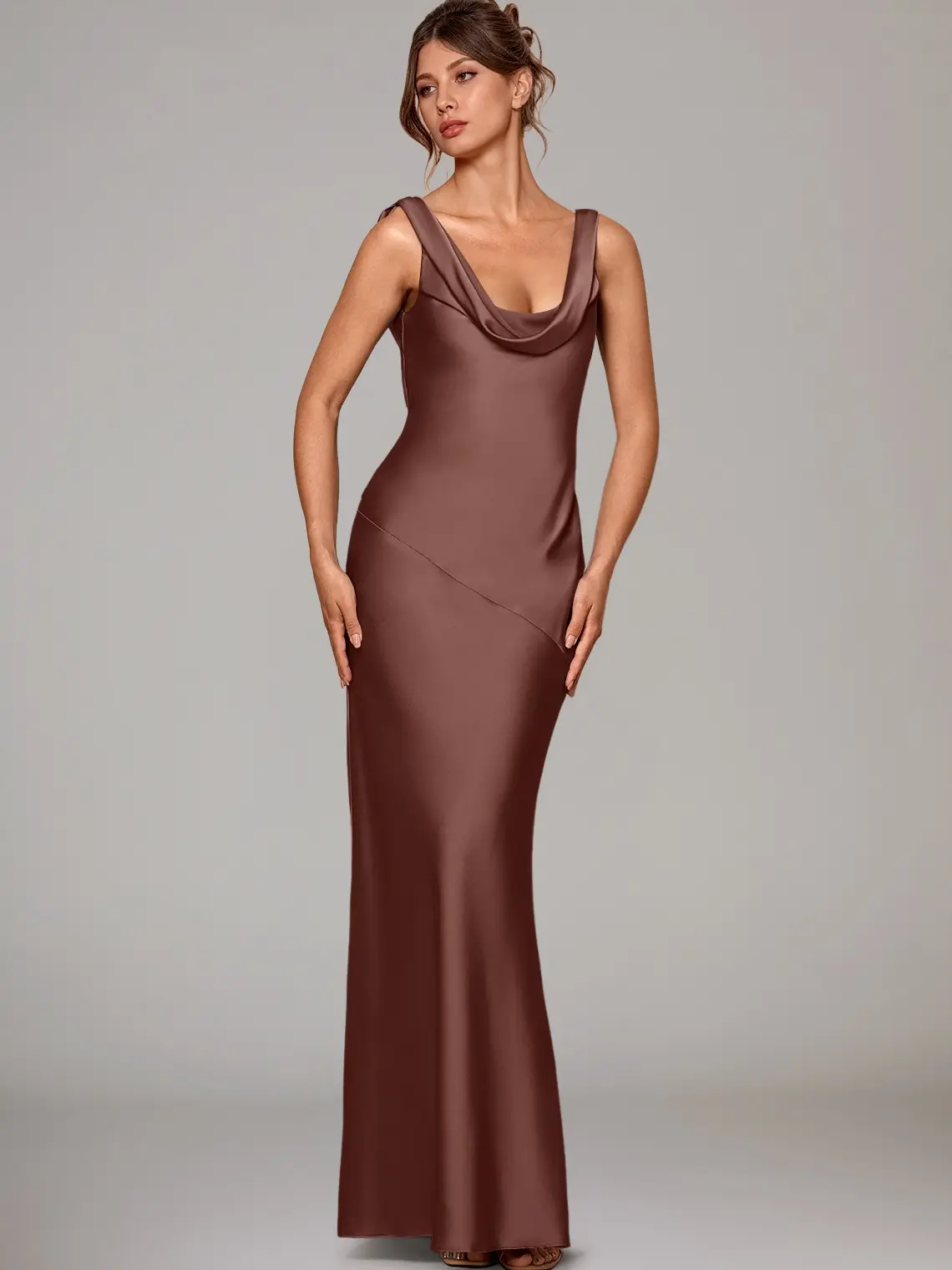 Azazie Rylina Cowl Neck Open Back Fitted Mermaid  Evening Event Wedding Stretch Satin Dress Floor Length Sleeveless Side Zip Bow Tie Back Formal Wear, Women