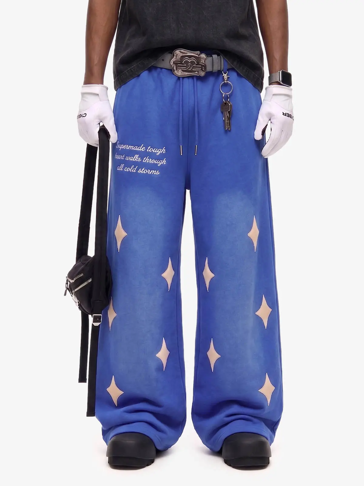 Thesupermade Spray Paint Star Print Distressed Sweatpants | Wide-Leg Cotton Blend Streetwear Jogger Men Women