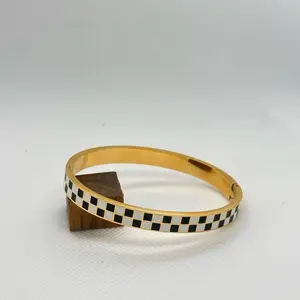 Checkered Black and White Bracelet - Gold Finish with Black and White Checkered Pattern