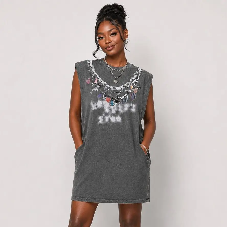 URBAN REVIVO T-Shirt Dress for Women, Sleeveless 100% Cotton Casual Mini with an Oversized Straight Fit and Pockets, Lady, Trending