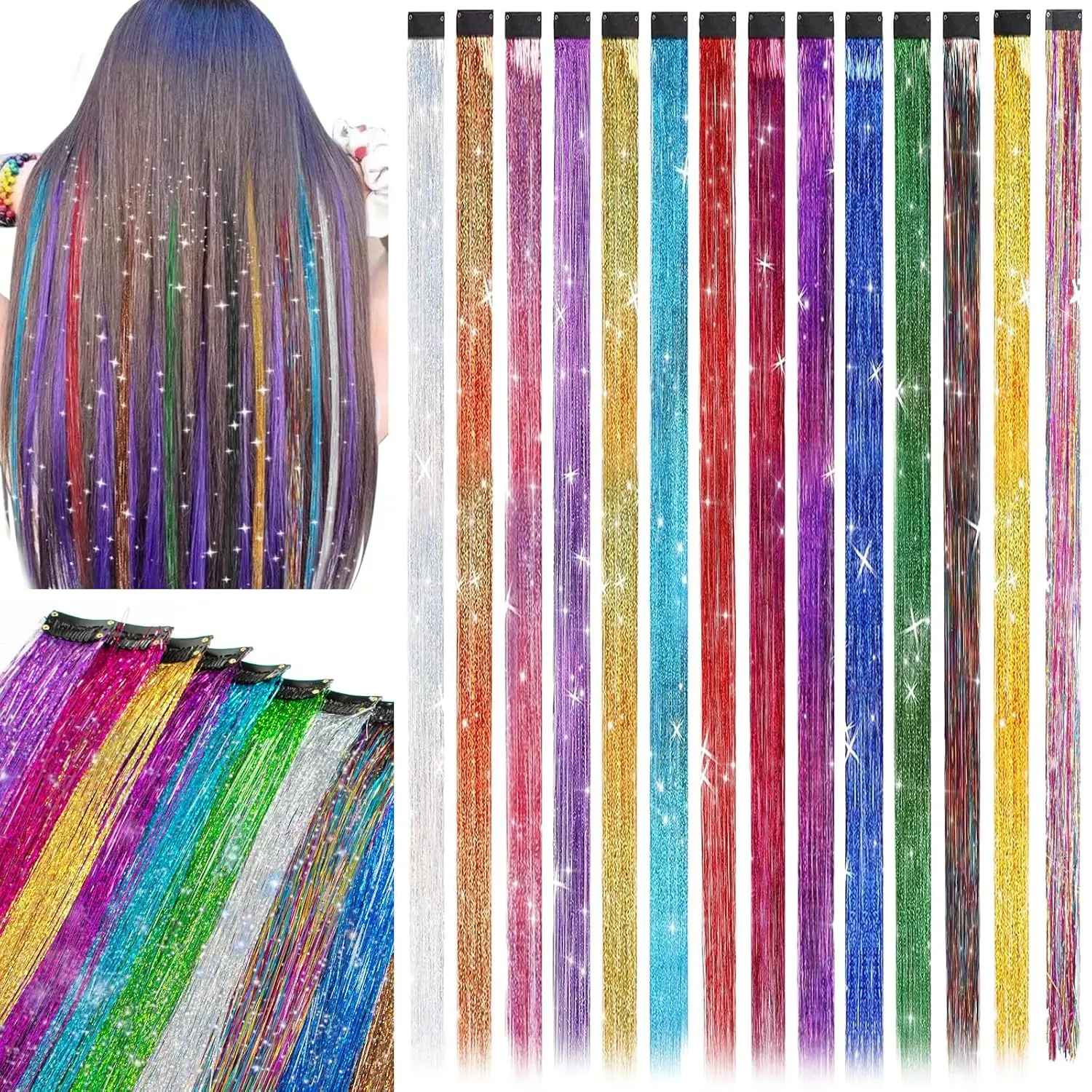 Clip In Tinsel Hair Extensions 14 Colors, 19.7 Inch Glitter Fairy Hair Tinsel Kit Clips, Sparking Hairpieces Colorful Hair Accessories for Girls Women   Party Favors Highlights