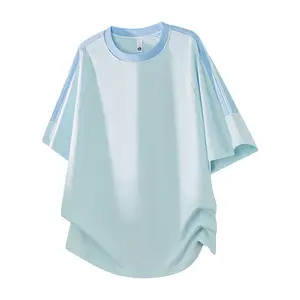 Men’s summer 100% cotton short-sleeve crew-neck T-shirt with color-block stripes; versatile sporty top for everyday wear—casual, stylish, comfortable, and high quality.