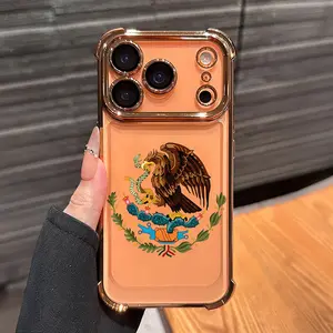 Mexican Golden Eagle Badge Flag Design Phone Case ,Electroplated Cover with Airbag Shockproof Soft TPU Cover for iPhone X 11 12 13 14 15 16 17 Pro Max Plus Air