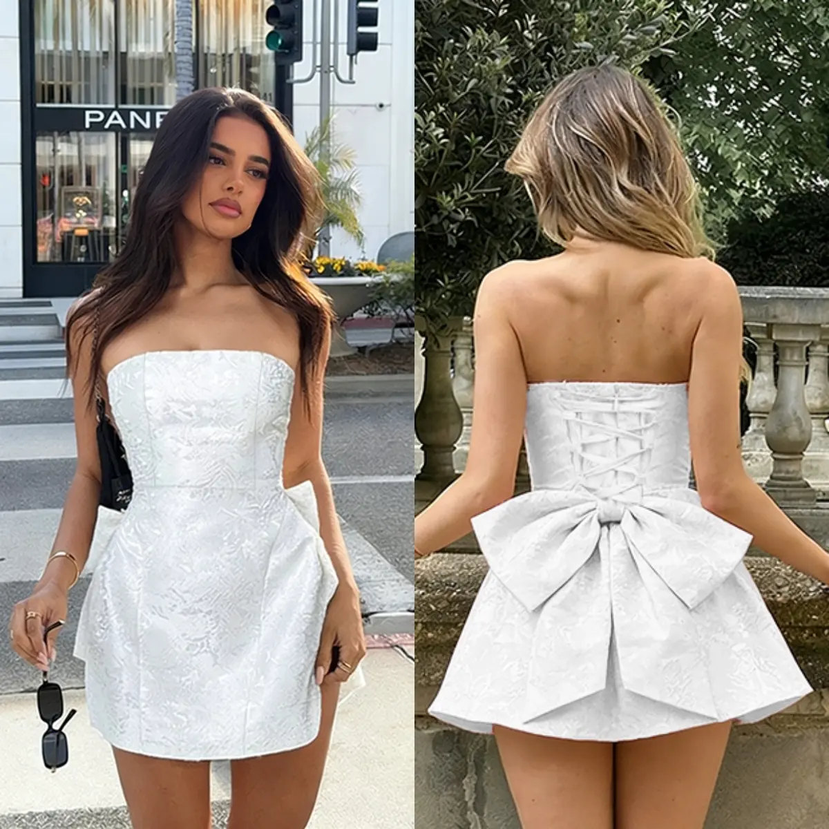 YJ24112SKO Women's Formal Wear Polyester Sleeveless Floral Jacquard Back Lace-Up Big Bow Tube Top Bandeau A-Line Short Dress, Party Fit for Dating, Graduation, Lady