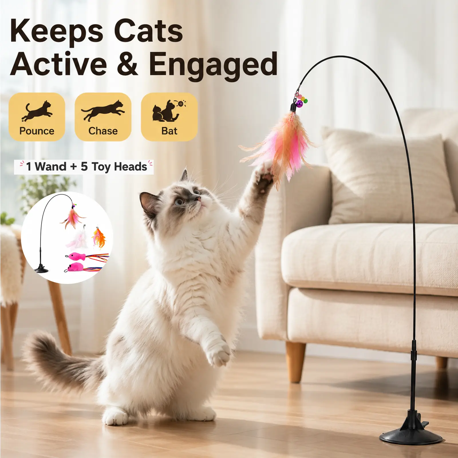Interactive Feather Cat Toy Set, Cat Teaser Wand with 1 Self‑Adhesive Suction Cup Base & 5 Removable Replacement Feather Attachments