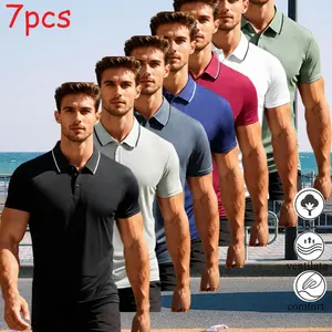 Pack of 7 men’s stretch short-sleeve slim-fit business casual shirts, muscle-fit men’s short-sleeve dress shirts, Father’s Day gift, breathable and cool, suitable for all seasons—an ideal choice for holiday gifts. quick-dry golf,summervibes