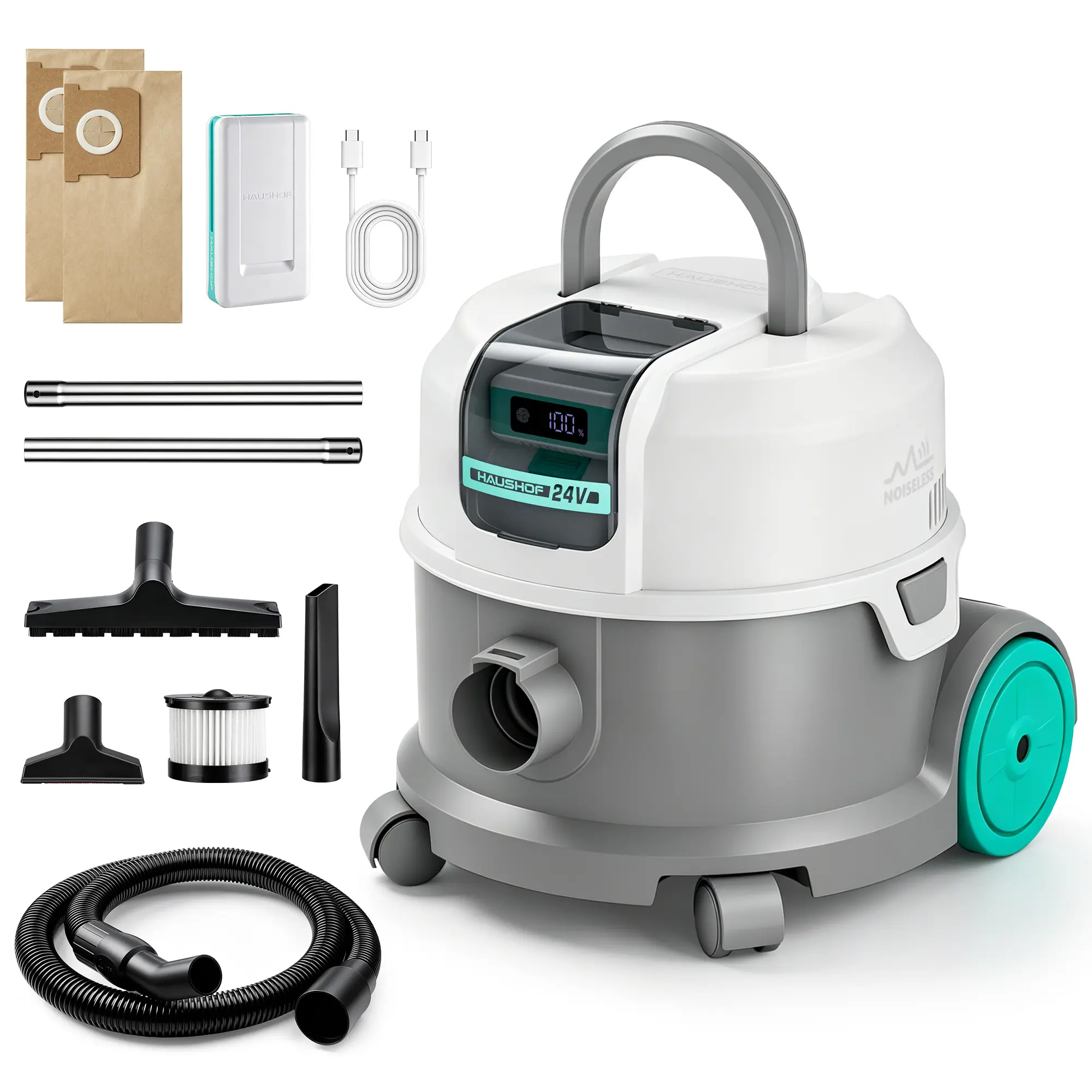 HAUSHOF 2.5 Gallon Cordless Wet Dry Vacuum Cleaner, Ultra Quiet Brushless Motor, 18KPa Powerful Suction, 24V 4.0Ah Battery, Portable Vacuum for Home, Car, Garage & Workshop