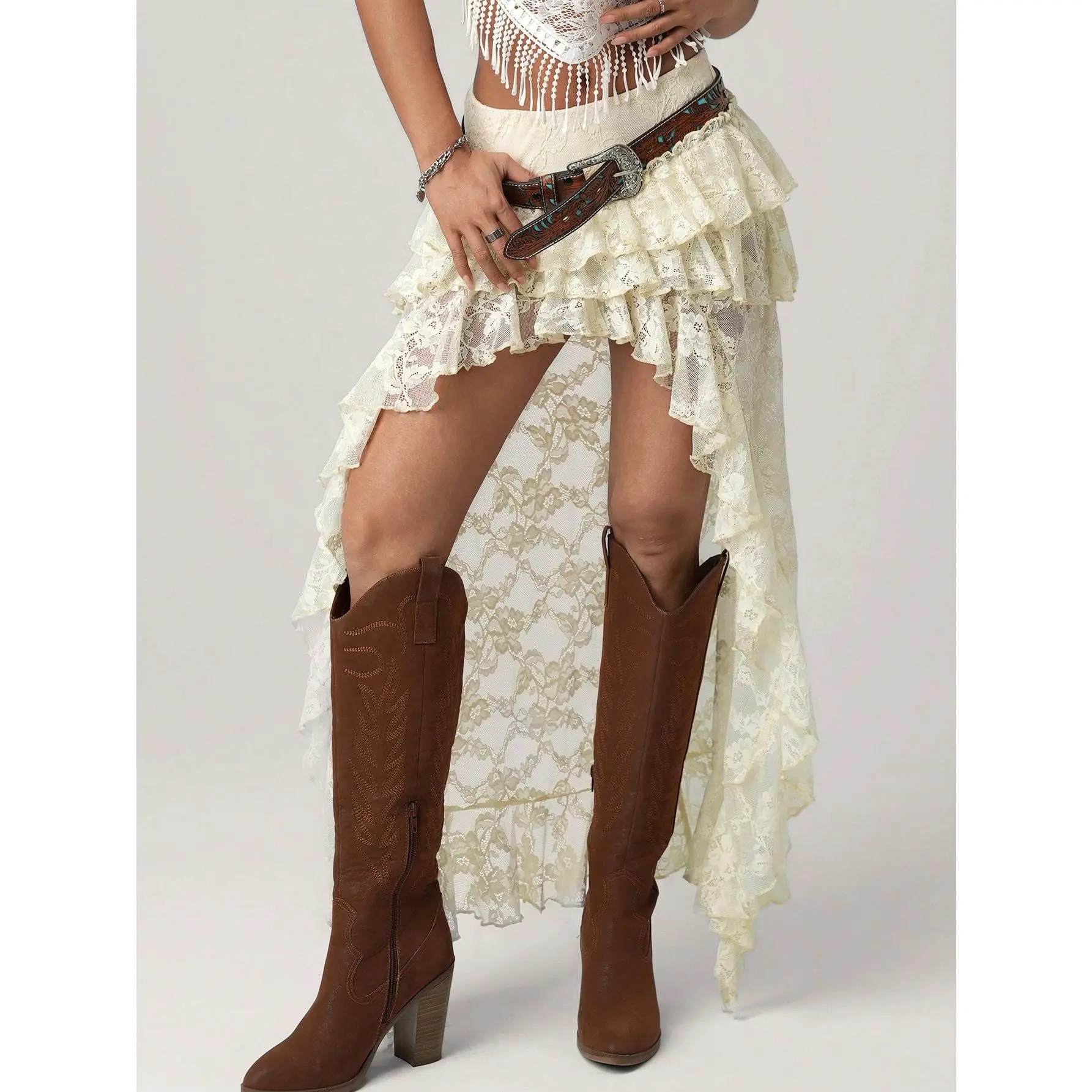 Women's Boho Lace High Low Skirt - Western Asymmetrical Tiered Ruffle Hem Flowy Maxi Skirt for Festival Cowgirl Outfits