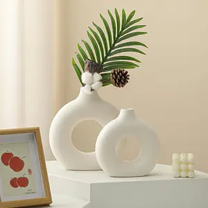 Faux Ceramic Vase without Plant, 2 Counts/set Modern Simple Ring Design Vase, Decorative Vase for Home Living Room Bedroom Dining Room, Flower Vase, Dining Table Centerpiece, Home Decor Accessory