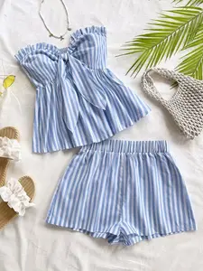 Women's 2-Piece Blue Striped Ruffled Crop Top and Casual Stripe Shorts Set, Womenswear, Stylish Summer, Comfortable and Trendy, Perfect for Daily Wear