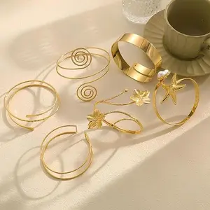 6PCS Gold Arm Cuff Bracelets for Women–Boho Statement Gold Upper Arm Bangle Band Armlet, Open Adjustable Cuff Bracelet Set, Stackable Jewelry – Fashion Ethnic Tribal Armbands for Upper Arm, Wrist, or Ankle – Perfect for Festival, Party, Beach