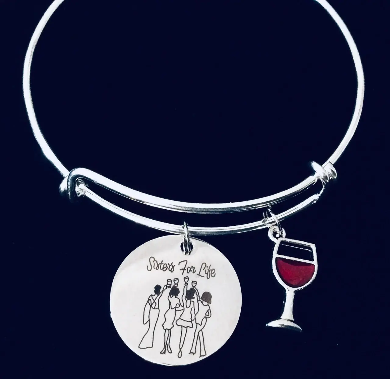 Sisters For Life Charm Bracelet – Adjustable Silver Bangle with Wine Glass Pendant