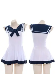 Japanese Style Cute Aesthetic Schoolgirl Lingerie Set Womenswear Ruffled Bow Mini Pleated Fitted Design Innocent Junior CosPlay Costume Smooth Satin Sleeveless Low Neckline High elasticity and breathability Halloween Masquerade Parties and Adult Roleplay