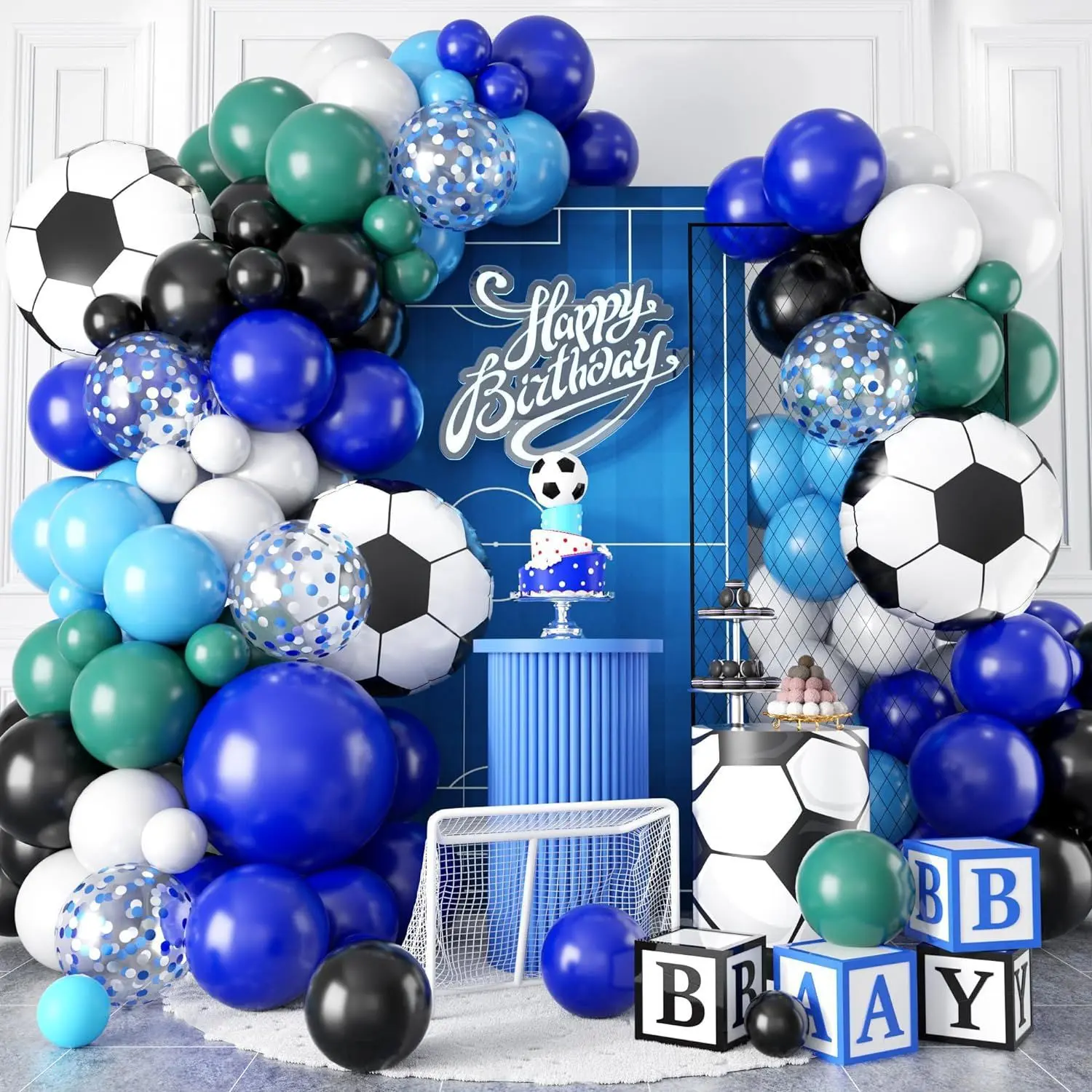 119pcs Soccer Balloon Arch Kit – 4D Foil & Latex Balloons in Royal Blue, White, Metallic Silver – Perfect for Soccer Birthday, Baby Shower, Game Day & Photo Party Decor, Balloon Clusters Balloons, Birthday Graphic Balloons