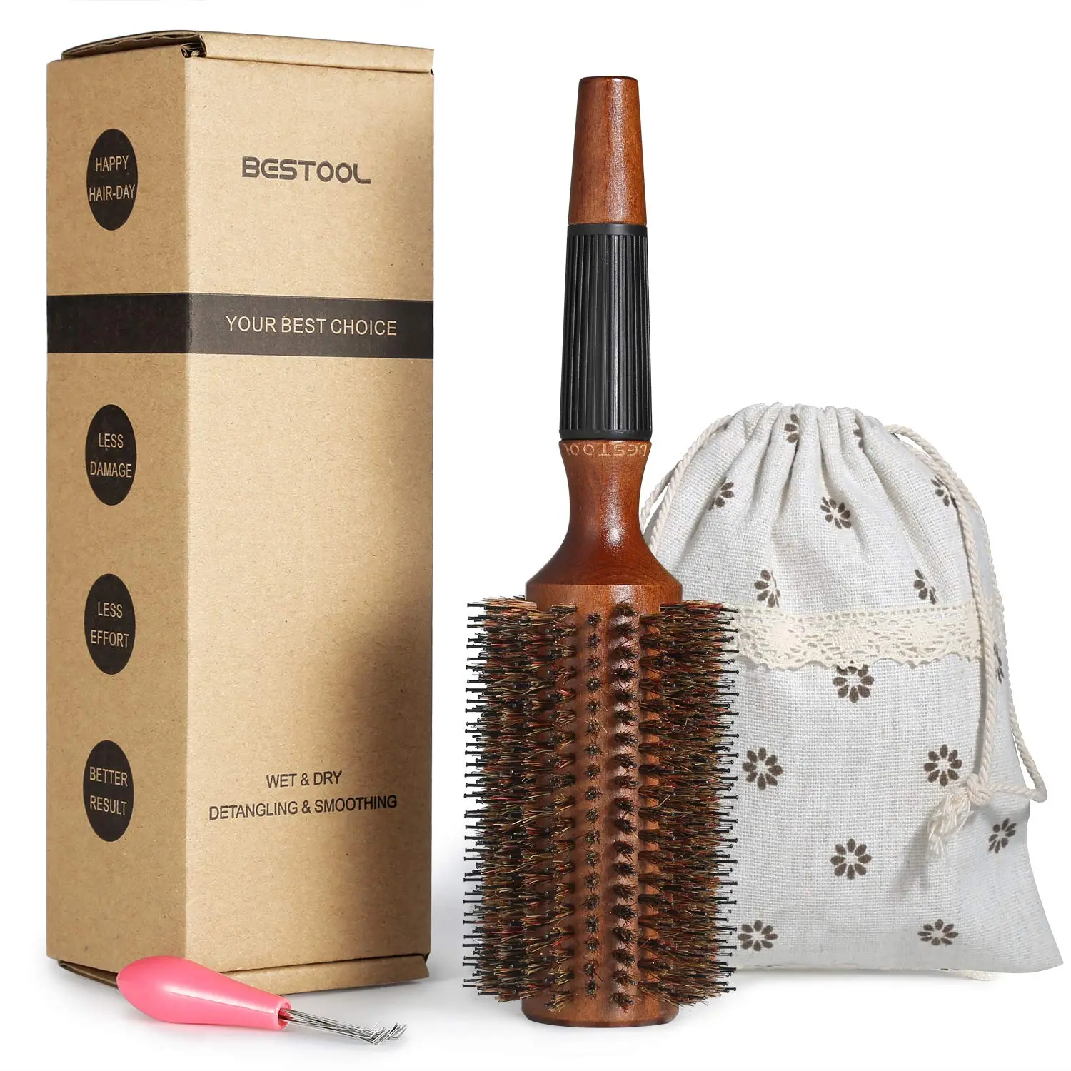 BESTOOL Round Hair Brush for Women or Men, Boar Bristle Large Round Hairbrush for Quick Blowout, Add Shine/Volume, Minimize Damage