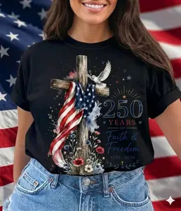 Women's Cotton Tshirt - Americas 250th Birthday Cross Graphic, 1776-2026 Faith & Freedom, Patriotic Christian 4th of July Womenswear Top, Proud American Gift