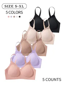 5 Pack / 5 colors, Womenswear, Minimalist Basic seamless jelly women's underwear bra Four-row three-hook adjustable straps With underwire support, gathers and shapes beautiful back XS-XL Comfortable, skin-friendly, soft Daily casual sports seamless bra