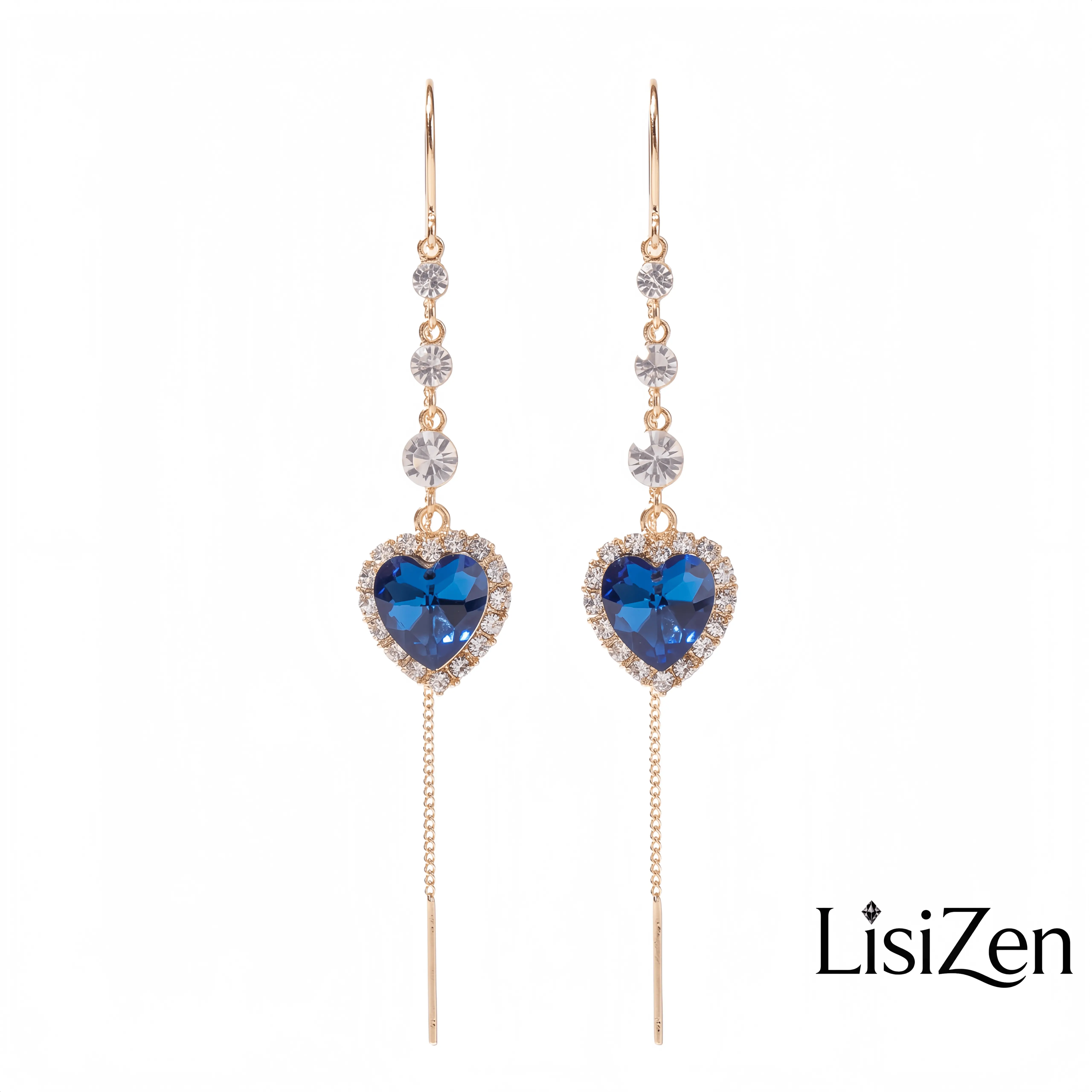 "Connected Hearts" Blue Zircon Threader Earrings - Light Luxury Long Versatile Design Costume Jewelry, Daily Wear, Choking Hazard Small Parts, DZEH2269, Tassel Threader, Earrings For Women, Special Events, Heart Shaped Earrings, Long Threaders