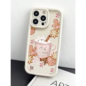 A Phone Case with a Light Beige Background Featuring Cute And Cozy Winter Drinks And Gingerbread Man Illustrations, Compatible with Iphone 16, 15, 14, 13, 12, 11 Pro Max, XS, And XR.