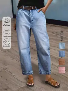 Women's Casual Elegant Light-Washed Tapered 7/8 Length Jeans With Pockets And Pleated Details, Four-Season Essential, Slim-Fitting Plain Design, Perfect for All Seasons, Fashionable Ladies' Clothing, Womenswear, T-Chic