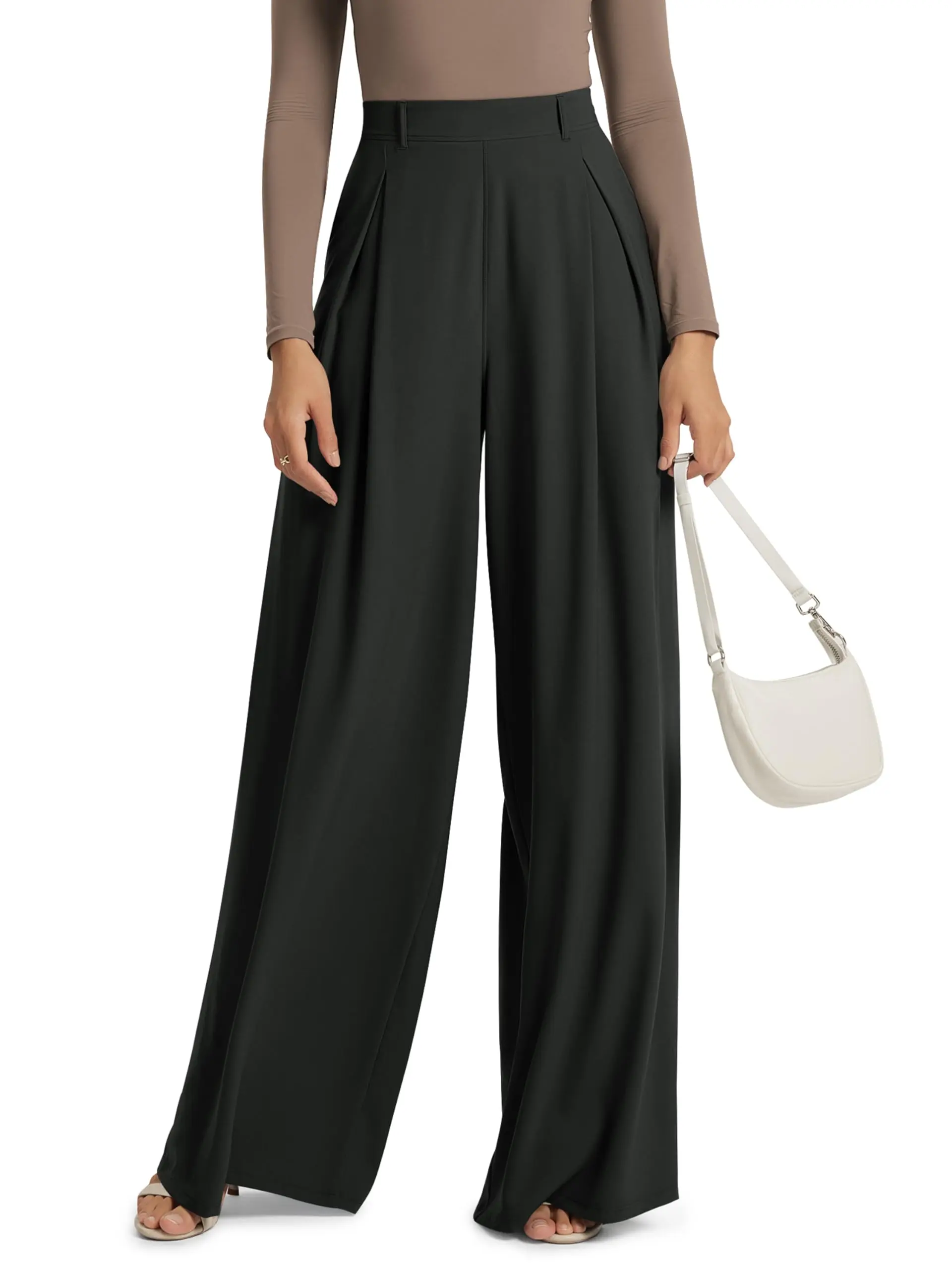 ODODOS Women's High Waist Chiffon Pleated Wide Leg Pants, Casual Lightweight Trouser with Belt Loops, Elastic Waist, 2 Side Storage Pockets - 31" Inseam, Flow Wide Leg Silhouette, High Waist With Front Pleats
