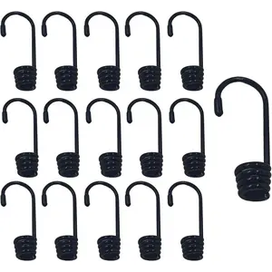 16PCS 3/8 Inch Black Plastic Coated Bungee Cord Hooks Spiral Wire End Hooks for Elastic Rope Camping Tarps Boating Outdoor Strapping