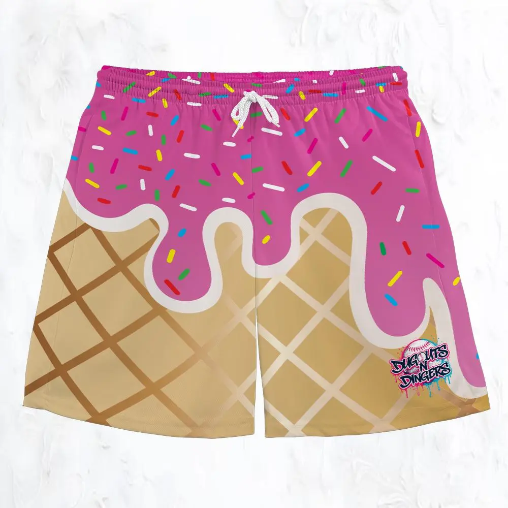 Women's Unisex Pink Ice Cream Adult Shorts - Dugouts N Dingers, Polyester Stretch Fabric, Matching Family Clothing Set Compatible Piece, Sublimation, Print, Elastic, Pockets, Casual